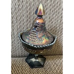 Northwood Amethyst Carnival Glass Sweetmeat Covered Container‎ Grape & Cable VTG